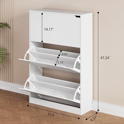 Shoe Storage Cabinet, Wood Shoe Organizer for Entryway with 3 Flip Drawers, Freestanding Shoe Rack with Adjustable Shelf, Narrow Shoe Dresser for Front Door Entrance (White, 3 Drawers) - Image 2