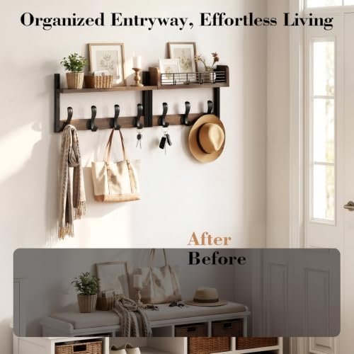 Delamu 29" Large Coat Rack Wall Mount with Shelf, 4 in 1 Shelf with 11 Hooks, Wooden Key and Mail Holder for Wall for Entryway, Living Room and Bedroom, Brown - Image 5