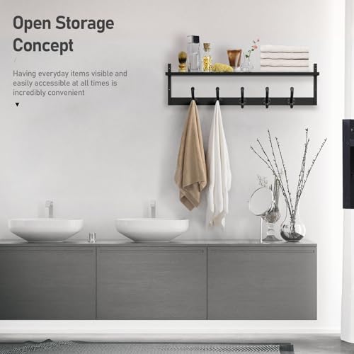 Tatub 29'' Coat Rack Wall Mount with Shelf, Wood Wall Hooks with Storage, Entryway Shelf with 5 Coat Hangers for Bathroom, Living Room, Bedroom, Black - Image 5