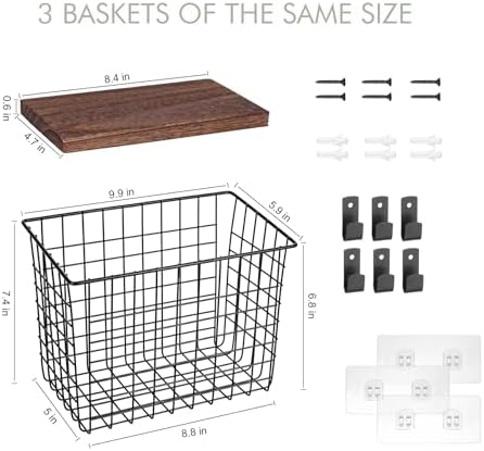 Wall Hanging Baskets, 3 Wooden Wire Bins with Hooks & Adhesive Mount(Large) - Image 2