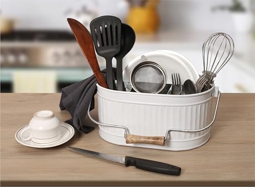 Alpha Living Home Rustic Heavy Duty Alloy Multi-Compartment Silverware Caddy - Metal Utensil Versatile All-in-One Organizer for Kitchen, Bathroom & Office Utensils, Flatware, and Accessories (White) - Image 2