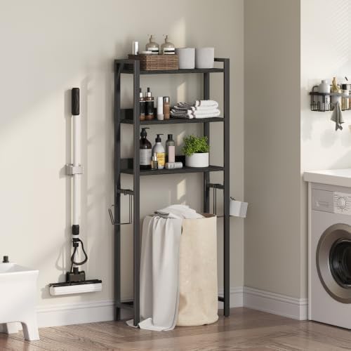 MAHANCRIS Over The Toilet Storage Rack, 3 Tier Bathroom Organizer Over Toilet, Freestanding Space Saver Toilet Stand with 2 Hooks, Bathroom Storage Shelf, Easy to Assemble, Black TSBK6001 - Image 4