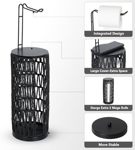 Black Freestanding Toilet Paper Holder with Storage,3 Rolls of Tissue Holder for Bathroom,Handmade Woven Toilet Paper Roll Holder Stand,Rattan Sturdy Boho Bathroom - Image 6