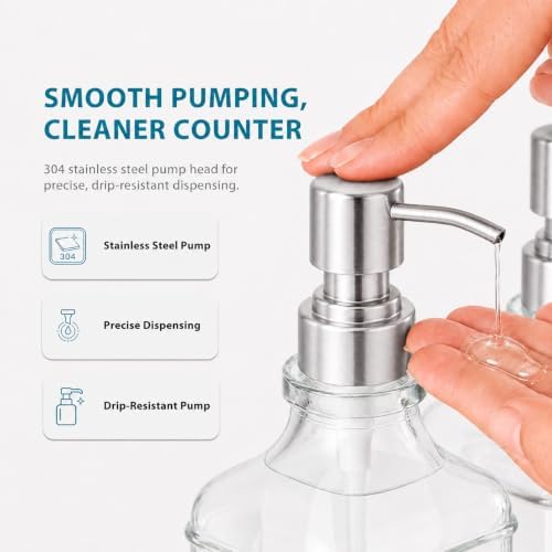 Kitchen Glass Soap Dispenser Set with Tray 2 with Silver Rust Proof Pump - Image 5