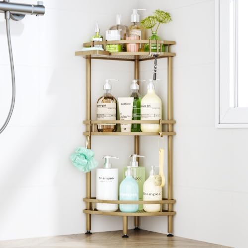 HapiRm Standing Corner Shower Caddy - 3 Tier Shower Organizer Corner with Soap Holder and 4 Hooks, Rustproof Bathroom Storage Shelves with Adhesives, Gold by HapiRm