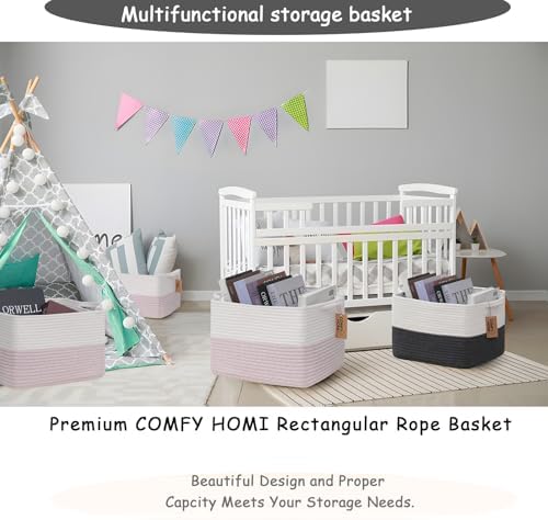 COMFY-HOMI 3PACK Cotton Rope Square baske with Handles for Shelves|Dog Toy baske Bin and Storage|Baby baske for Gift|Shoe baske for Organizing|13.5" x 11" x 9.5" for Living Room（White/Pink） - Image 5
