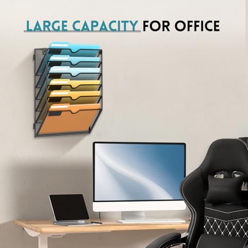 SUPEASY 6 Tier Wall File Organizer, Hanging Wall Mounted Mail Organizer with Label Slots, Metal Mesh File Holder Magazine Rack for Office, Home, School or Classroom, Black, 2Pack - Image 5