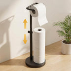 BESy Toilet Paper Holder Stand Adjustable Pivoting Design, Freestanding Tissue Roll Holder with Storage for Bathroom Floor, Tissue Rack Durable SUS 304 Stainless Steel Heavy-Duty Base Matte Black by BESy