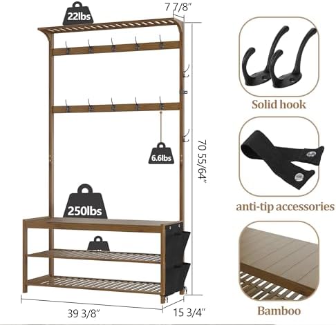 AMBIRD Hall Tree with bench and shoe storage, Entryway Bench with shoe storage, 6-in-1 Coat Rack with Cloth Bag and14 Coat Hooks, Sturdy Bamboo Frame, Large Size, Brown 39 * 15 * 70 Inches - Image 4