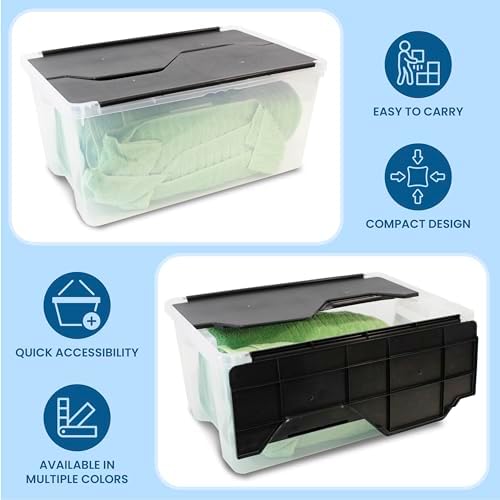 ORGANIZE-IT!, 6-Pack Flip-Top Tote 28 Qt, Storage Bin with a Clear Plastic Base, Black Lid, Stackable, 18" L X 12" W X 8" H - Image 3