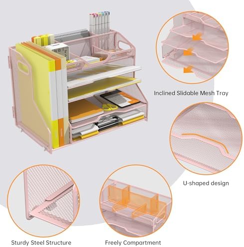 YINGHUA 5-Tier Mesh Desk Organizer and File Holder, Letter Tray - Pink - Image 5