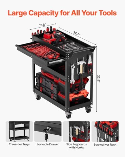 VEVOR 4-Tier Tool Cart with Wheels, 350 lbs Load Capacity, Rolling Work Cart with Drawer & Pegboard, Mechanic Tool Storage Organizer with Locking System for Garage, Warehouse and Repair Shop, Black - Image 2