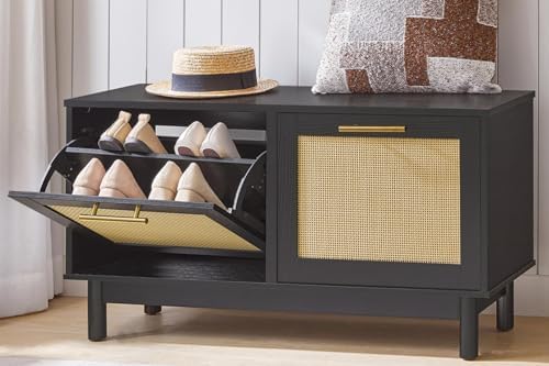 HOOBRO Rattan Shoe Storage Bench with Double Flip Drawers by HOOBRO