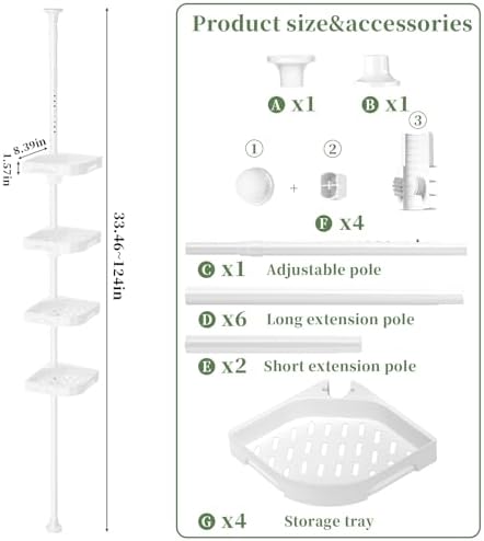 akinbas Tension Pole Shower Caddy Organizer with 4 Tier L-Shaped Rust Resistant Bathroom Corner Shelves with 34-124 Inch Adjustable No Drilling Quick Install Shower Rack for Bath Essentials (White) - Image 2