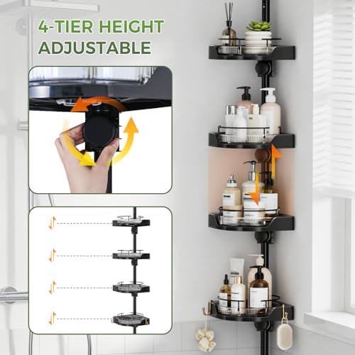 akinbas 360° Rotating Shower Caddy Tension Pole with 4-Tier Rustproof Lazy Susan 35-128 Inch No Drilling Coner Shelves Adjustable Shower Rack for Bathroom Bathtub Washbasin Plant Storage (Black) - Image 6