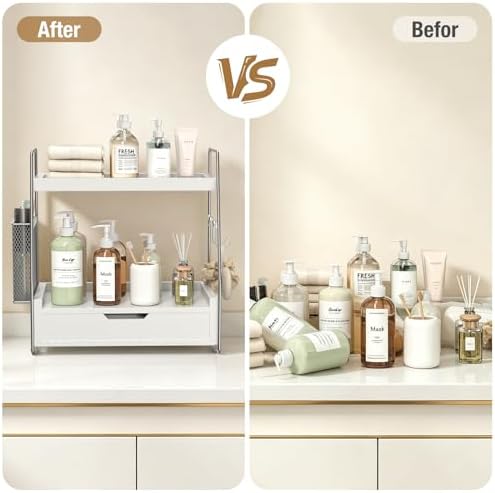 2-Tier Bathroom Counter Organizer with Drawer, Wood Counter Storage Shelf - Image 4