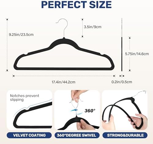 YSSOA 50 Packs Velvet Hangers, Non Slip Space Saving Suit Hangers, Heavy Duty Clothes Hangers with 360° Rotatable Hook for Coats, Pants, Black - Image 2