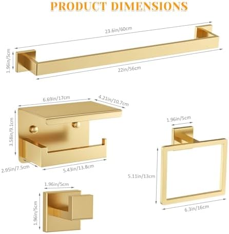 Brushed Gold Towel Bar Set 5 Pieces Bathroom Hardware Accessories Set,Upgraded Toilet Paper Holder with Shelf,Stainless Steel Towel Holder Set for Bathroom,Wall-Mounted 23.6 in - Image 6