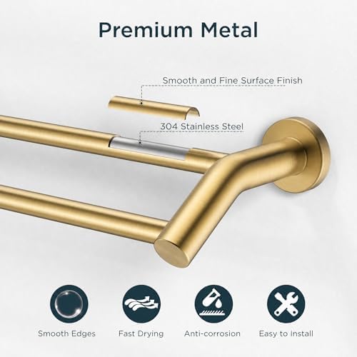 FORIOUS Double Towel Bar 24", Bathroom Towel Holder Rod Wall Mounted Gold - Image 5