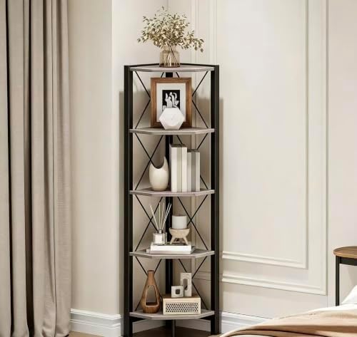 CHOEZON 5-Tier Corner Shelf, Corner Bookcase, 55.2" Tall Vertical Display Rack, Plant Stand, Open Storage Shelf, for Living Room, Bedroom, Study, Kitchen, Greige and Black TCJ12BG by Choezon