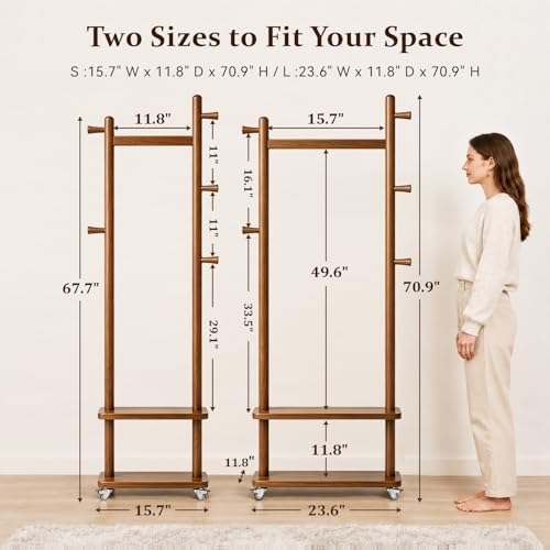 Taitiy Small Clothes Rack Solid Wood Coat Rack Freestanding with Wheels - Image 2