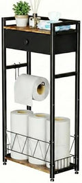 Freestanding Toilet Paper Holder Stand with Storage Drawer, Narrow Bathroom Shelf, Spare Roll Basket, 4-Way Install Paper Arm, Space-Saving Rack for Apartments & RVs (Brown) by DesignedManufacturedbyRoleDes