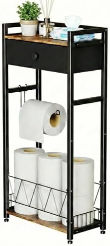 Freestanding Toilet Paper Holder Stand with Storage Drawer, Narrow Bathroom Shelf, Spare Roll Basket, 4-Way Install Paper Arm, Space-Saving Rack for Apartments & RVs (Brown) by DesignedManufacturedbyRoleDes