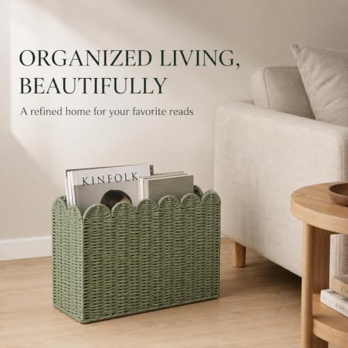 Green Paper Rope Magazine Holder, Scalloped Magazine Basket - Image 3