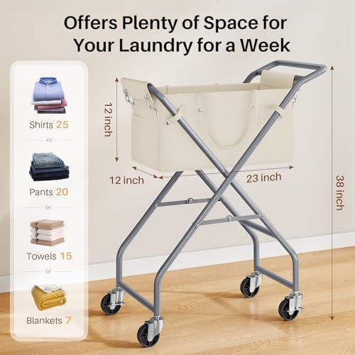 No-Bend Laundry Cart Rolling Hamper with Locking Wheels & Handle, Foldable Basket Screw-Free Assembly, Durable Metal Frame & Removable Liner Bag for Bedroom & Bathroom (Beige) - Image 6