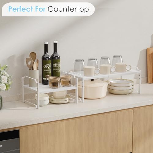 2 Pack 11” Depth Expandable Kitchen Cabinet Organizer Shelves, Heavy Duty Kitchen Countertop Organizers and Storage Rack, Stackable Metal Small Storage Shelf For Pantry Counter Cupboard Organization - Image 2