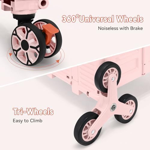 Foldable Utility Cart Portable Crate Rolling Dolly with Telescopic Handle,Can be Pulled diagonally, Magnetic Retractable Lid, 360°Swivel Climbing Wheels for Shopping Carrying Groceries Move Pink - Image 4