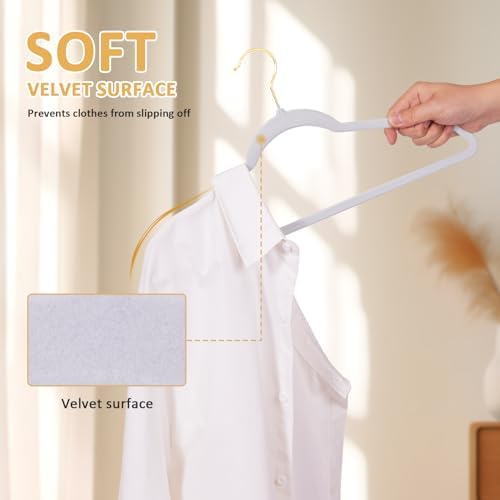 Premium Velvet Clothes Hangers Pack of 60, Heavy Duty, Non Slip Velvet Suit Hangers Heavy Duty with Gold Hook, 0.2 Inch Slim Space Saving Hangers for Suits, Pants, Shirts, and Dress (White) - Image 7