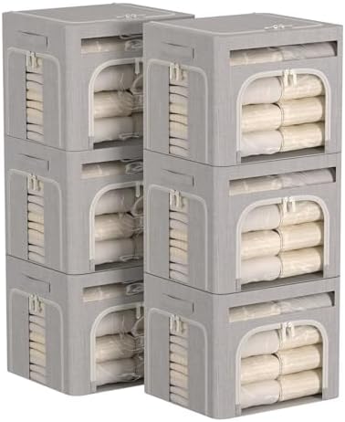FHSQX 6 Pack Foldable Storage Bins for Clothes Clothes Storage Bins with Metal Frame Stackable Storage Box with Lid (Light Grey, 16.5x12.2x12.2 inch (40L)) by FHSQX