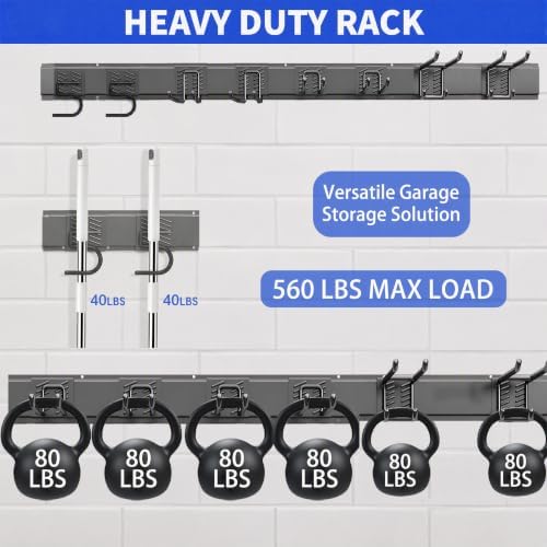 Garage Tool Organizer Wall Mount, 64 Inch Heavy Duty Garden Tool Organizer Storage System, Easy Install with 8 Adjustable Hooks, for Garage, Basement, Shed, Workshop, Black, Steel - Image 3