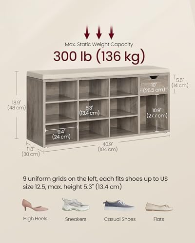 VASAGLE Shoe Bench with Cushion, Storage Bench, 10 Compartments - Image 3