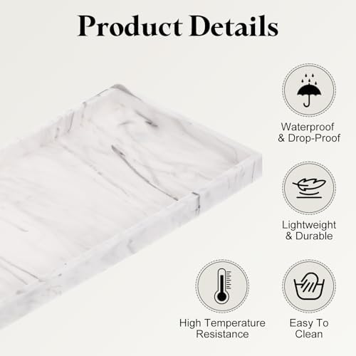 uxcell Bathroom Vanity Tray, 15.7" x 6" Silicone Soap Dispenser Trays, Shatterproof Kitchen Sink Organizer for Soaps Keys Candle Trinket, Marble White - Image 3