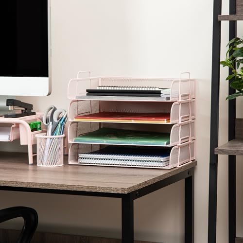 Mind Reader Stackable Paper Tray, Desktop Organizer, File Storage, Office, Metal Mesh, 4 Pcs., Pink (Pack of 4) - Image 2