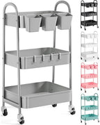 3 Tier Gray Metal Rolling Cart, Three Tiered Storage Dorm Carts with Wheels by Recximi