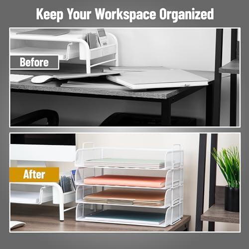 Mind Reader Stackable Paper Tray, Desktop Organizer, File Storage, Office, Metal Mesh, 4 Pcs., White - Image 5