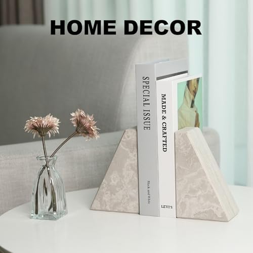Marble Bookends for Heavy Books, Decorative Book Ends for Shelves, Durable and Heavy-Duty Bookends for Hardback Book & CDS, Off-White Unique Books Stopper & Holder, Set of 2 - Image 5