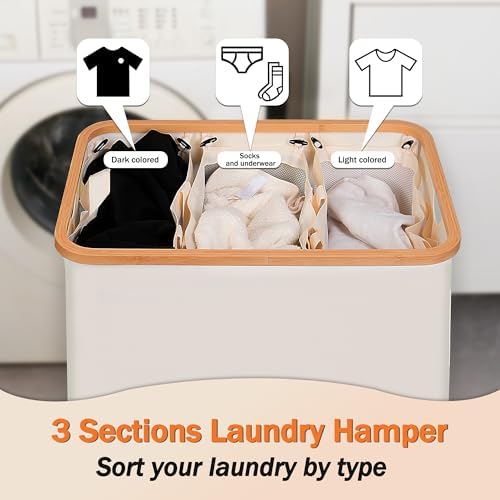 efluky Laundry Hamper 3 Section with lid and 3 Removable Bags, Beige - Image 4