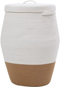 26"x20" Handcrafted Tall Cotton Rope Basket with Lid, Stylish Flagon Shape with Cover, Clothes Hamper with Top, for Bedroom and Living Room, White/Camel Bottom by Cottonphant