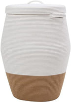 26"x20" Handcrafted Tall Cotton Rope Basket with Lid, Stylish Flagon Shape with Cover, Clothes Hamper with Top, for Bedroom and Living Room, White/Camel Bottom by Cottonphant