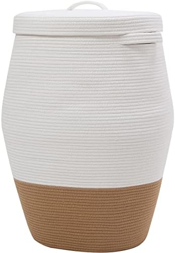 26"x20" Handcrafted Tall Cotton Rope Basket with Lid, Stylish Flagon Shape with Cover, Clothes Hamper with Top, for Bedroom and Living Room, White/Camel Bottom by Cottonphant