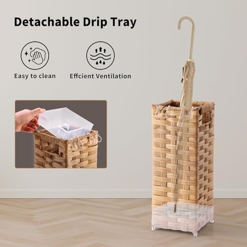 Rattan Umbrella Stand, Umbrella Holder for Entryway, Hand Woven Umbrella Rack Organizer Freestanding, with a Detachable Drip Tray, 4 Hooks, 6.5" L x 6.5" W x 16.5" H, Natural - Image 3