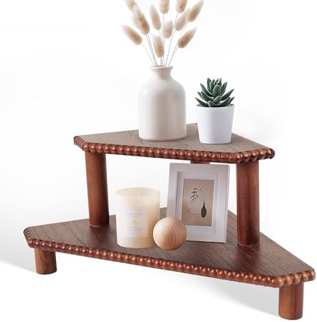 2-Tier Rustic Corner Shelf for Kitchen Counter,Wood Beaded Farmhouse Countertop Organizer with Removable Feet, Stackable Bathroom Vanity & Coffee Bar Decorative Riser Stand(Rustic Walnut) by MITREL