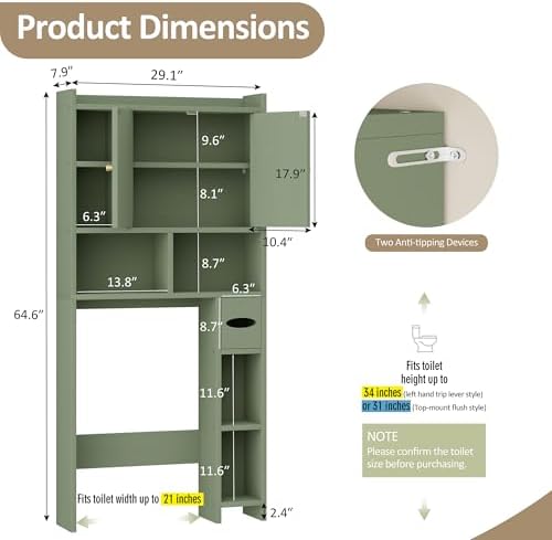 Over The Toilet Storage Cabinet, 64.6" Tall Bathroom Organizer Space Saver with Toilet Paper Holder & Adjustable Shelf, Freestanding Wood Cabinet for Small Space, Green - Image 2