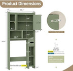 Over The Toilet Storage Cabinet, 64.6" Tall Bathroom Organizer Space Saver with Toilet Paper Holder & Adjustable Shelf, Freestanding Wood Cabinet for Small Space, Green - Image 2
