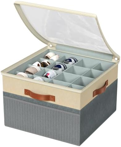 Shoe Organizer for Closet, 2 Pack Foldable Shoe Storage Organizer Box Bin with Adjustable Dividers and Clear Cover, Fits up to 16-32 Pairs（Grey&Beige） - Image 4
