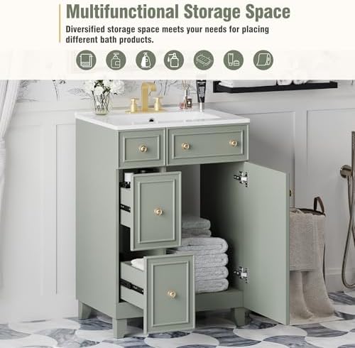 Harper & Bright Designs 24" Bathroom Vanity with Sink, Free Standing Single Basin Vanity Set with Two Drawers and One Door, Modern Solid Wood Bathroom Cabinet with Ceramic Basin for Bathroom, Green - Image 6